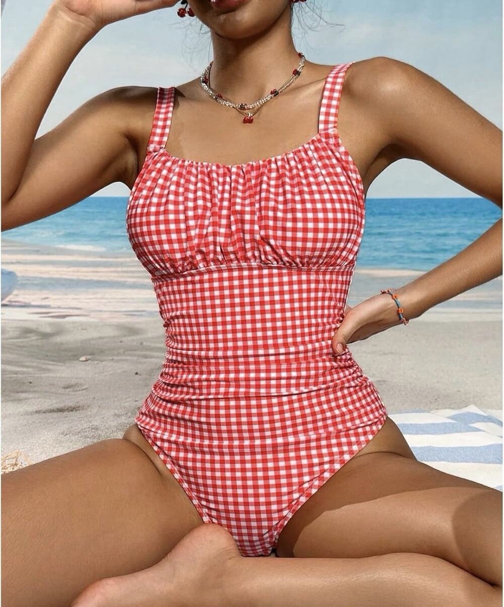 Women’s Gingham One Piece Swim Suit Red M New